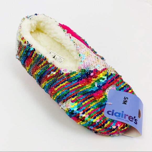 Claire's Other - NEW Rainbow Unicorn Sequins Fleece Slippers
